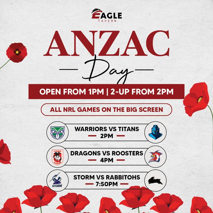 Featured image for “Join us for Anzac Day at The Eagle Tavern – we will be open from 1pm, with 2-Up starting at 2pm!”