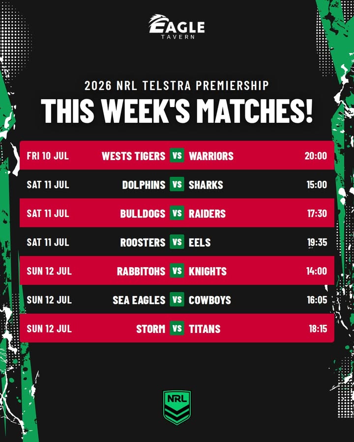 Featured image for “2026 NRL Telstra Premiership This Week’s Matches at Eagle Tavern”