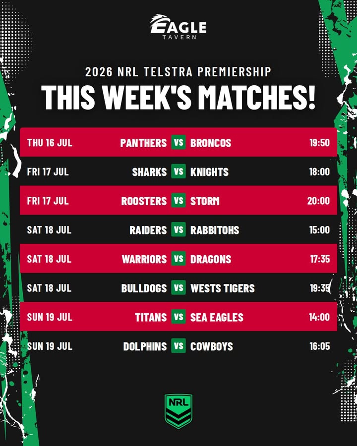 Featured image for “This Week’s NRL Matches Live at Eagle Tavern”