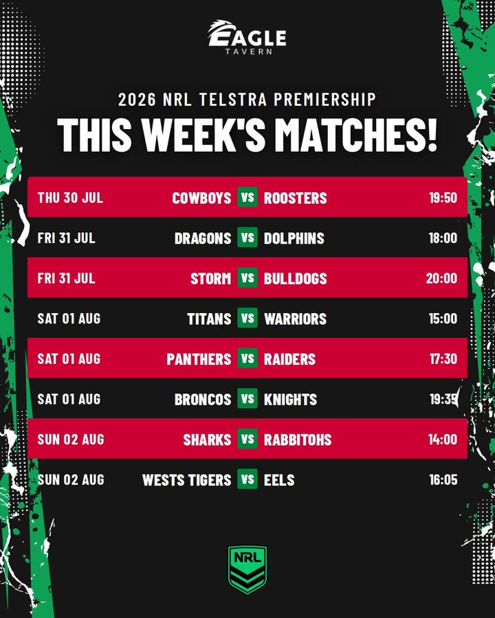 Featured image for “This Week’s NRL Matches Live at Eagle Tavern”