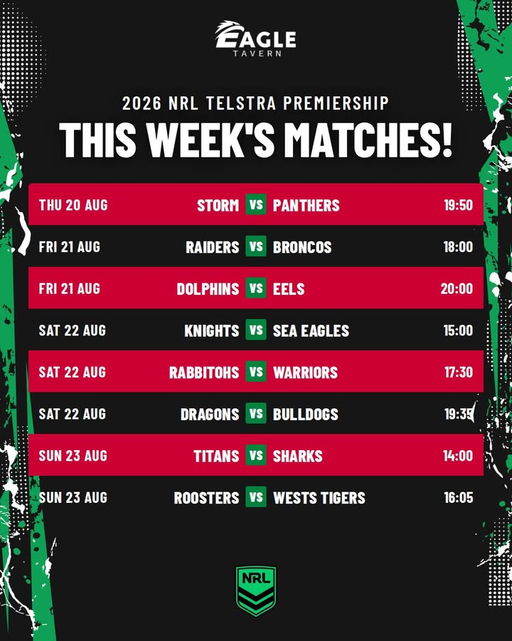 Featured image for “This Week’s NRL Matches Live at Eagle Tavern”